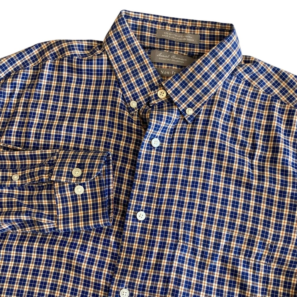 Daniel Cremieux Signature Collection Men Medium Plaid Non-Iron Shirt Blue Orange